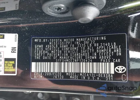 2022 Toyota Corolla Se/Night Shade из США, поврежденный, VIN 5YFS4MCE2NP120424